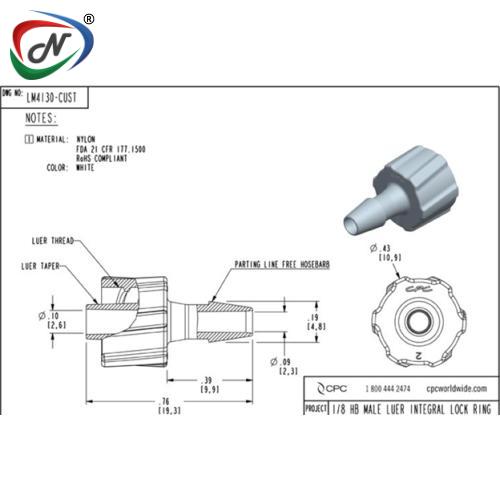 CPC Quick Connect & Disconnect Solutions LM4130 Luer Fitting, male luer X 1/8 HB, White Nylon NSSP003249
